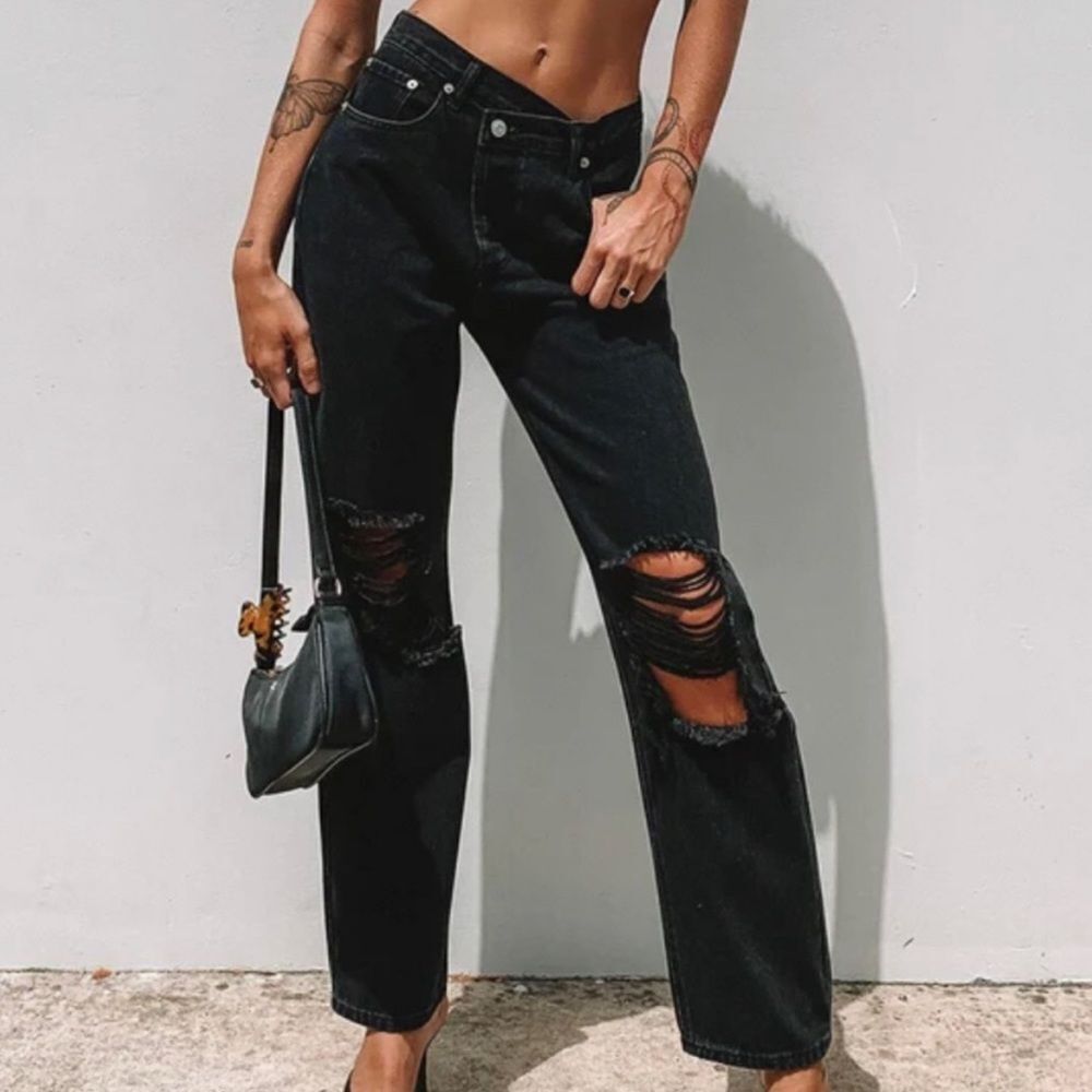 Princess polly black holly asymmetrical button fly straight leg jeans distressed